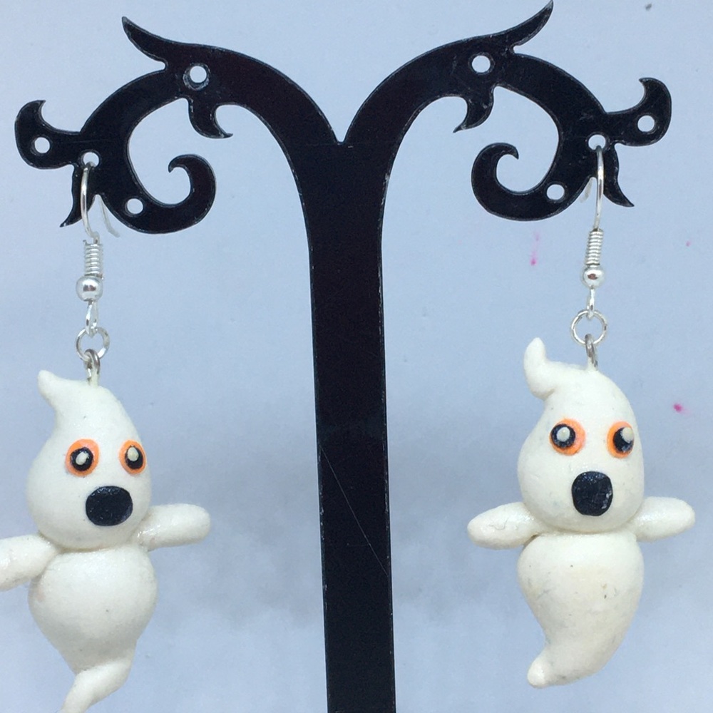 Unique Handmade Clay Halloween Ghost Earrings - Picture 2 of 6